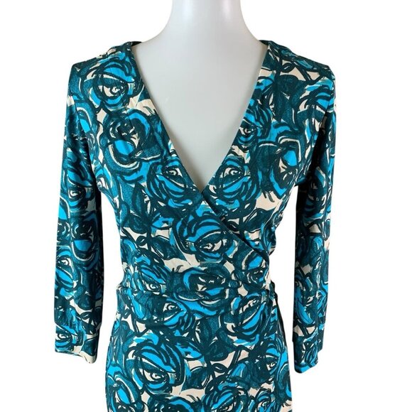 Felicity And Coco Floral Print Wrap Dress Long Sleeve Teal White Small Career - Picture 2 of 4
